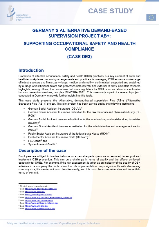Germany's Alternative demand-based supervision project AB+: supporting occupational safety and health compliance (Case DE3)