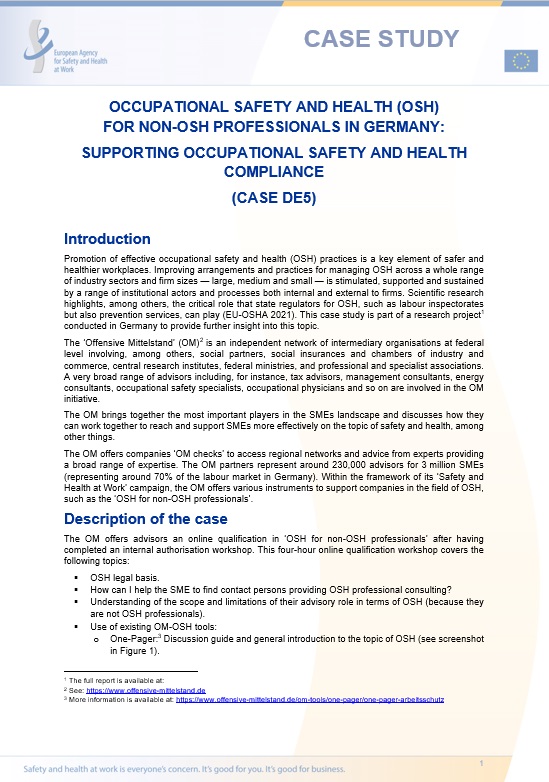 Occupational safety and health (OSH) for non-OSH professionals in Germany: supporting occupational safety and health compliance (Case DE5)