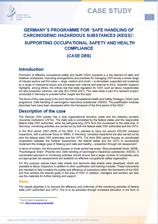 Germany's programme for ‘Safe handling of carcinogenic hazardous substances (KEGS)’: supporting occupational safety and health compliance (Case DE6)