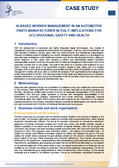 Cover of the case study AI-based worker management in an automotive parts manufacturer in Italy: implications for OSH