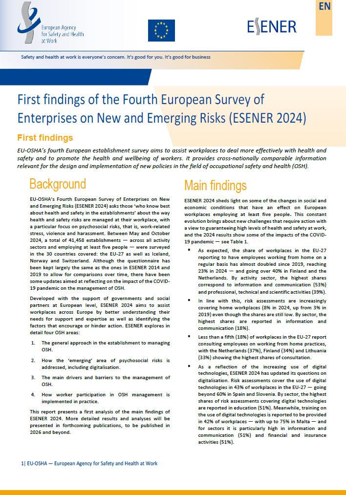 Cover of the report First findings of the Fourth European Survey of Enterprises on New and Emerging Risks (ESENER 2024)  