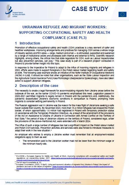 Cover of the case study Ukrainian refugee and migrant workers: supporting occupational safety and health compliance (Case PL3)