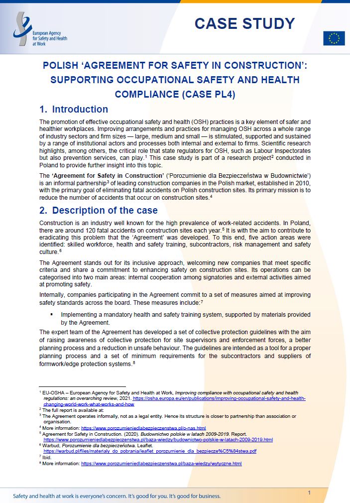 Cover of the case study Polish ‘Agreement for safety in construction’: supporting occupational safety and health compliance (Case PL4)