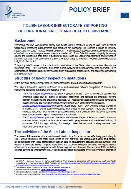 Cover of the policy brief Polish Labour Inspectorate supporting occupational safety and health compliance