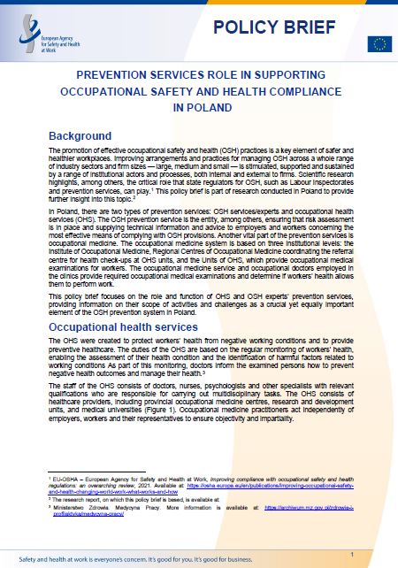 Cover of the policy brief Prevention services role in supporting occupational safety and health compliance in Poland