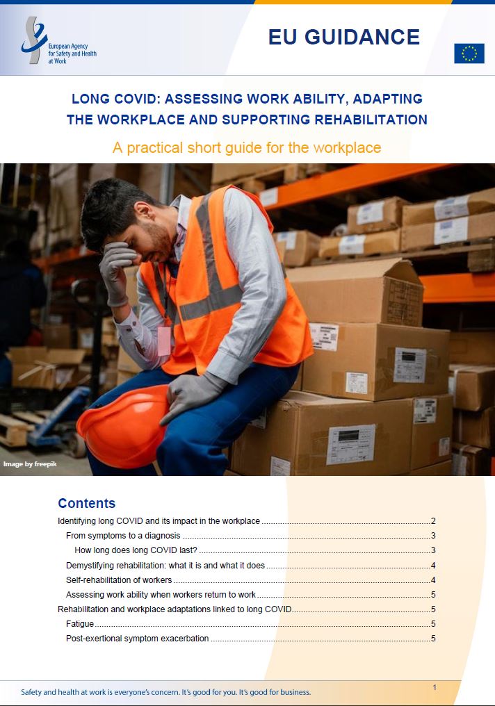 Cover of the EU guidance Long COVID: assessing work ability, adapting the workplace and supporting rehabilitation. A practical short guide for the workplace