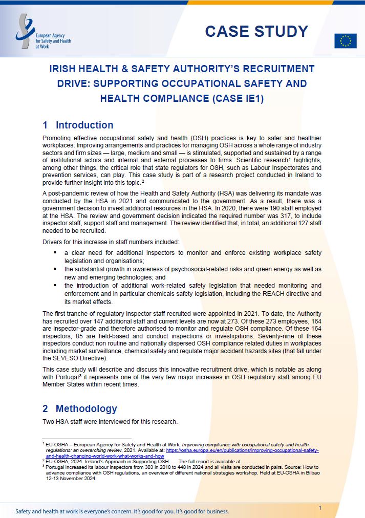 Cover of the case study Irish Health & Safety Authority's recruitment drive: supporting occupational safety and health compliance (Case IE1)