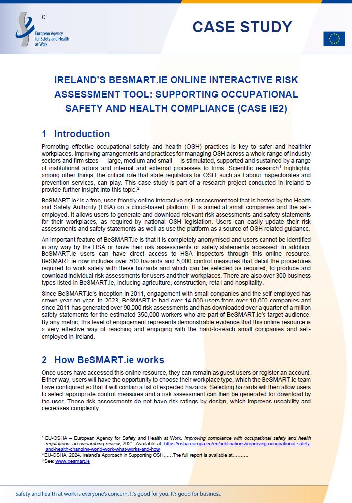 Cover of the case study Ireland's BeSMART.ie online interactive risk assessment tool: supporting occupational safety and health compliance (Case IE2)