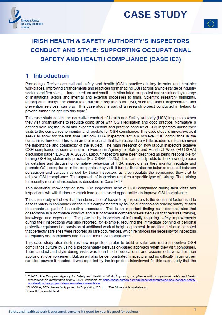Cover of the case study Irish Health & Safety Authority's inspectors conduct and style: supporting occupational safety and health compliance (Case IE3) 