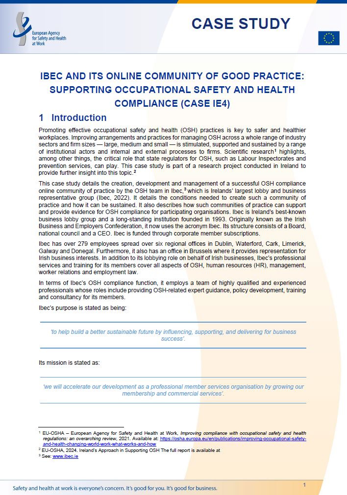 Cover of the case study Ibec and its online community of good practice: supporting occupational safety and health compliance (Case IE4)
