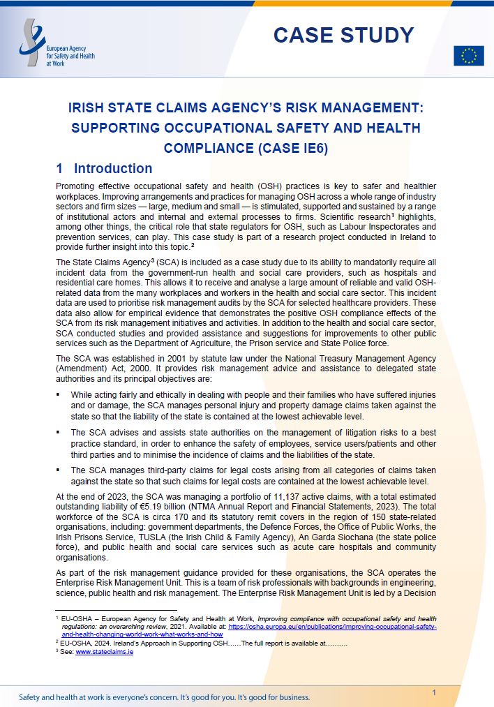 Cover of the case study Irish State Claims Agency's risk management: supporting occupational safety and health compliance (Case IE6)
