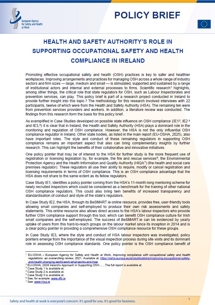 Cover of the policy brief Health and Safety Authority's role in supporting occupational safety and health compliance in Ireland