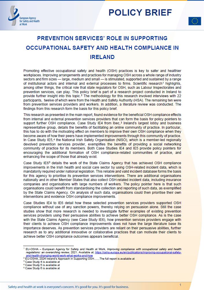 Cover of the policy brief Prevention services' role in supporting occupational safety and health compliance in Ireland