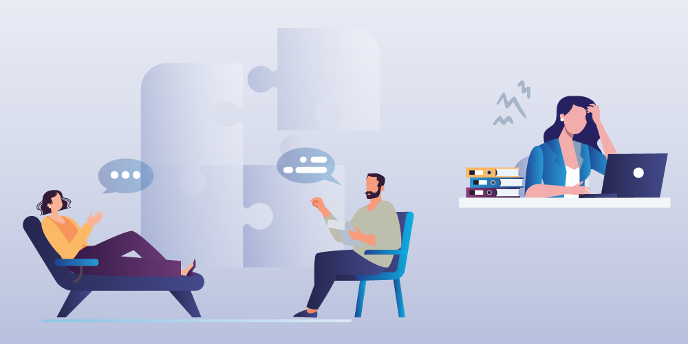 Illustration of workplace mental health, showing a therapy session and a stressed employee at a desk.