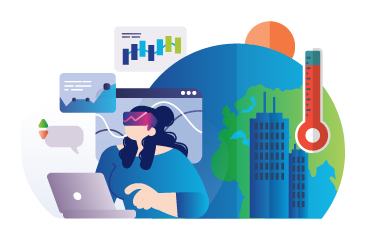 Illustration of a person using a laptop and wearing virtual reality glasses, surrounded by digital charts, graphs, and speech bubbles. In the background are a globe, tall buildings, a rising sun, and a large thermometer symbolising heat.