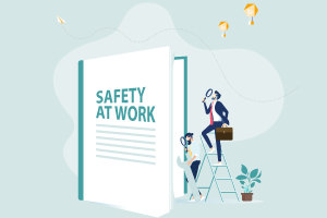 Business people looking into a safety book