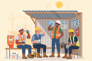 Workers drinking water and resting in shade at construction site