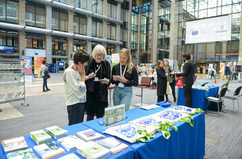 Info stand of the Healthy Workplaces campaign at the European Council headquarters in Brussels.