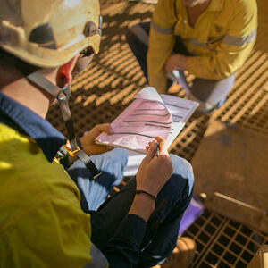 Worker wearing safety helmet