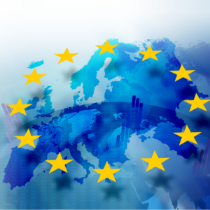 Background image with media screen Diagrams and graphs. In the background is the outline of the Union of Europe
