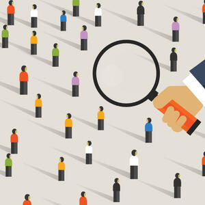 Hand magnify on crowd of people. Concept of recruitment candidate selection or market research looking into customer behavior survey getting data