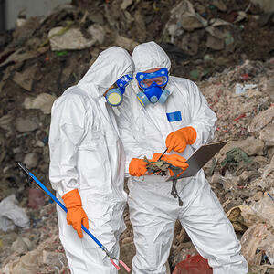 Workers in protective suits