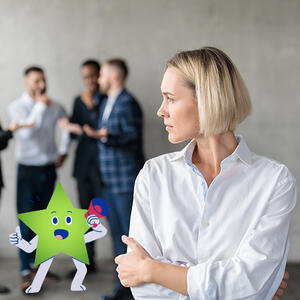 Male coworkers whispering behind back of businesswoman