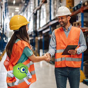 A manager and a team member in a warehouse setting shake hands